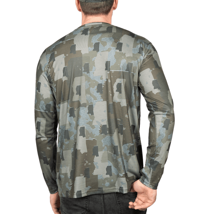 Mississippi State Camo long sleeve shirt featuring a unique camo pattern made for Mississippi, designed for hunters and outdoor enthusiasts
