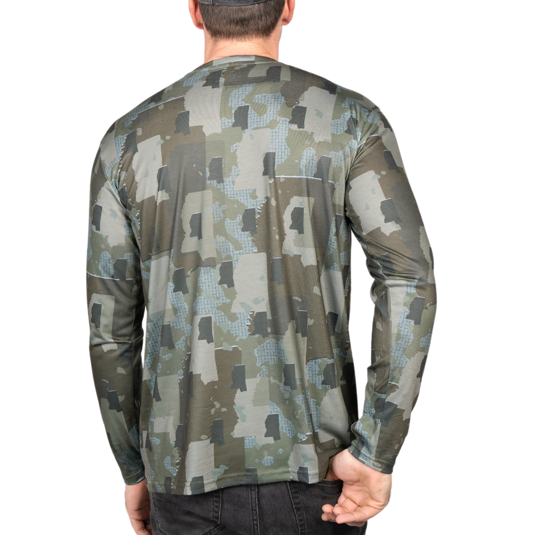 Mississippi State Camo long sleeve shirt featuring a unique camo pattern made for Mississippi, designed for hunters and outdoor enthusiasts
