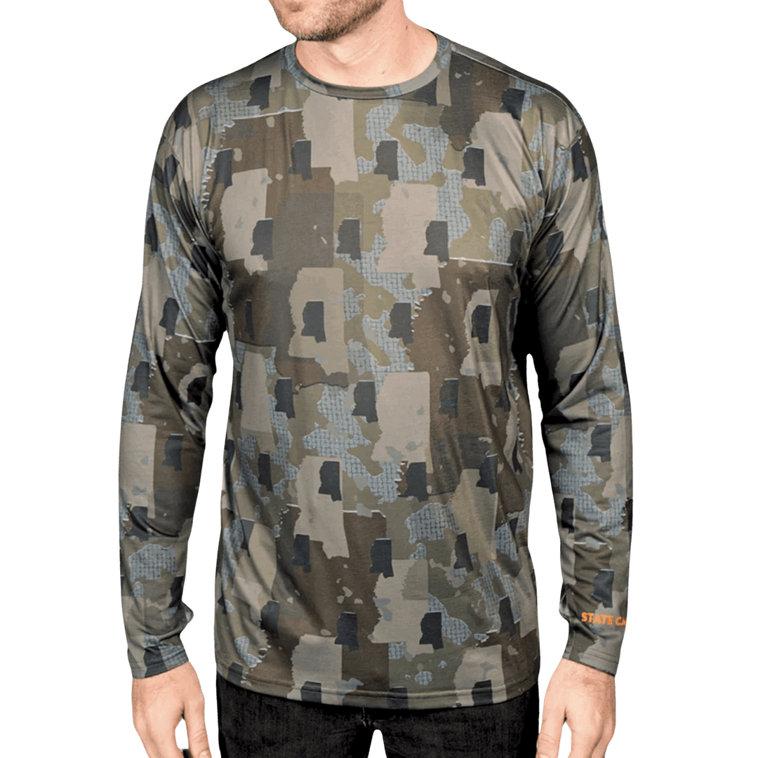 Mississippi State Camo long sleeve shirt featuring a unique camo pattern made for Mississippi, designed for hunters and outdoor enthusiasts
