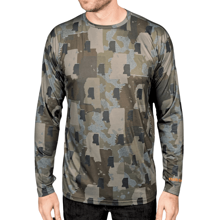 Mississippi State Camo long sleeve shirt featuring a unique camo pattern made for Mississippi, designed for hunters and outdoor enthusiasts
