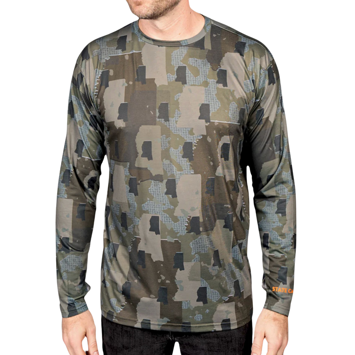 Mississippi State Camo long sleeve shirt featuring a unique camo pattern made for Mississippi, designed for hunters and outdoor enthusiasts
