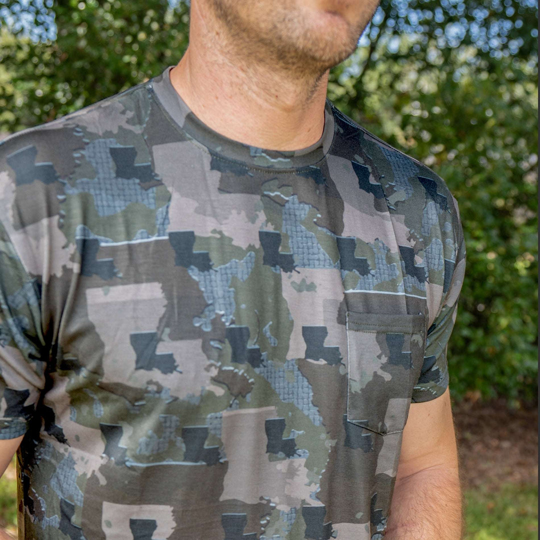 Men’s Louisiana Camo short sleeve shirt featuring a unique camouflage pattern made from the outline of the state of Louisiana Lightweight, breathable, and perfect for hunting, hiking, or everyday wear.