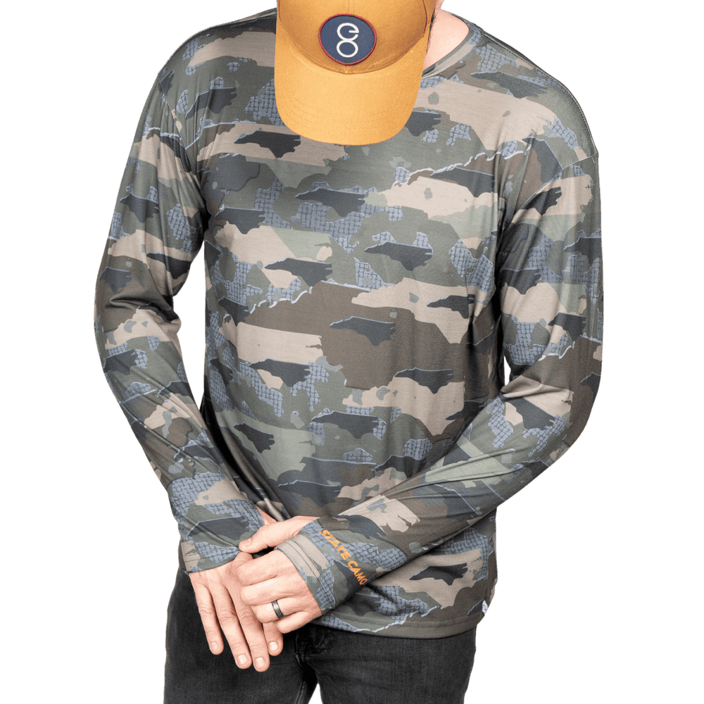 North Carolina State Camo long sleeve shirt featuring a unique camo pattern made for North Carolina, designed for hunters and outdoor enthusiasts
