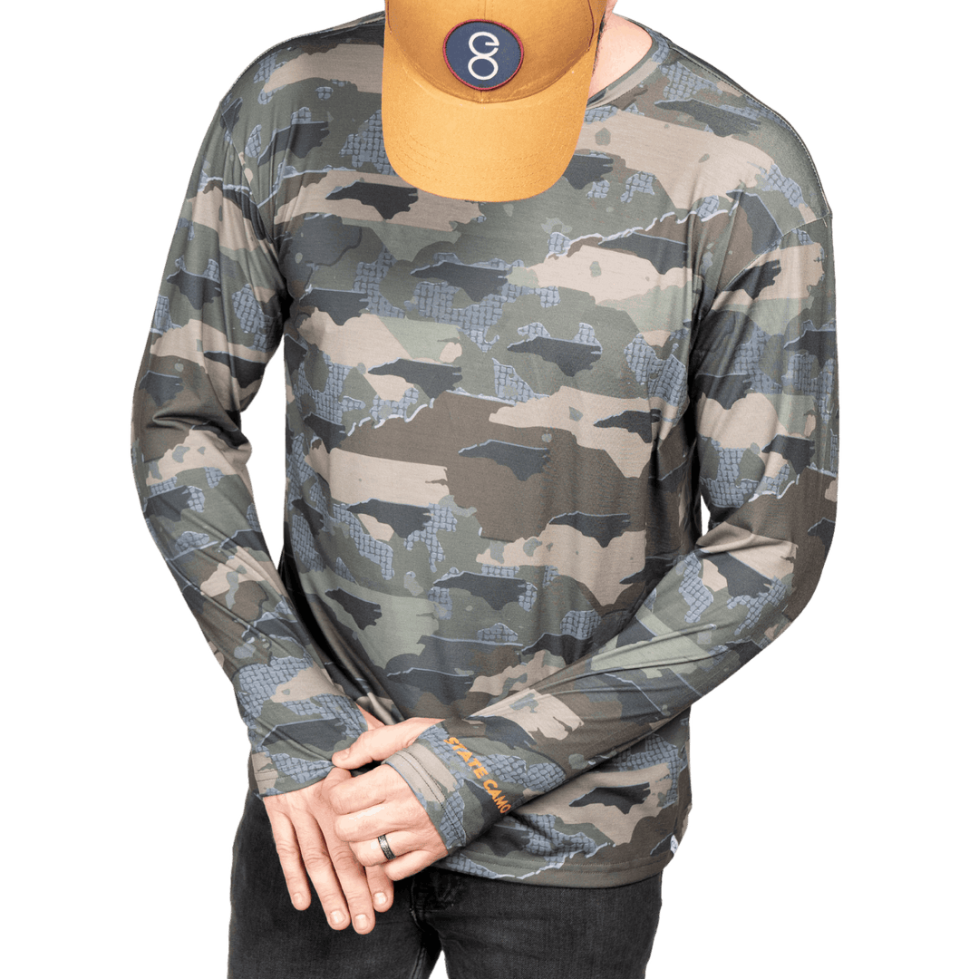 North Carolina State Camo long sleeve shirt featuring a unique camo pattern made for North Carolina, designed for hunters and outdoor enthusiasts
