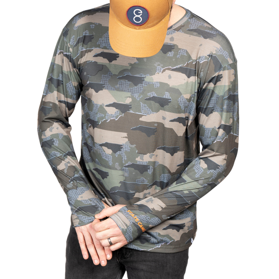 North Carolina State Camo long sleeve shirt featuring a unique camo pattern made for North Carolina, designed for hunters and outdoor enthusiasts
