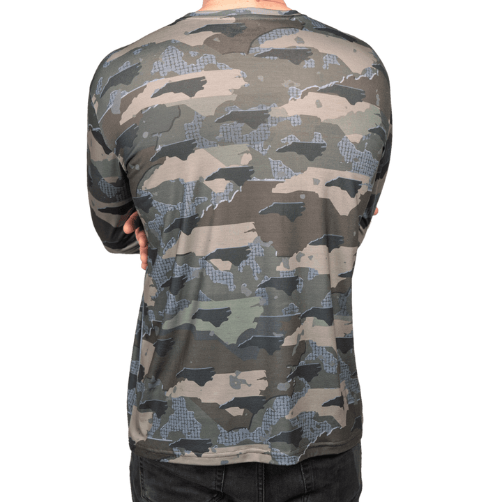 North Carolina State Camo long sleeve shirt featuring a unique camo pattern made for North Carolina, designed for hunters and outdoor enthusiasts
