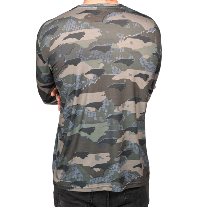 North Carolina State Camo long sleeve shirt featuring a unique camo pattern made for North Carolina, designed for hunters and outdoor enthusiasts
