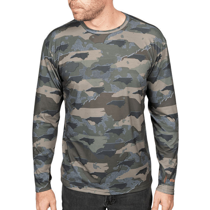 North Carolina State Camo long sleeve shirt featuring a unique camo pattern made for North Carolina, designed for hunters and outdoor enthusiasts
