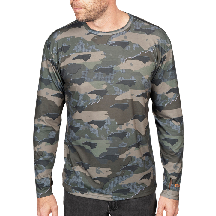 North Carolina State Camo long sleeve shirt featuring a unique camo pattern made for North Carolina, designed for hunters and outdoor enthusiasts
