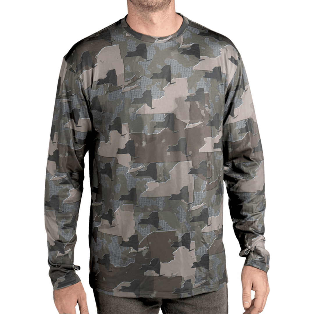 New York State Camo long sleeve shirt featuring a unique camo pattern made for New York, designed for hunters and outdoor enthusiasts.