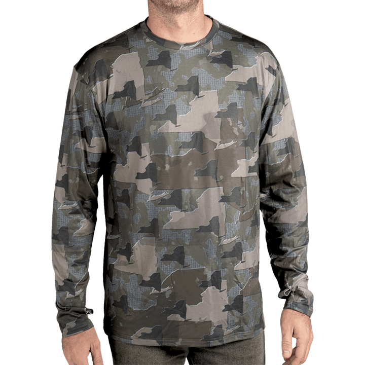 New York State Camo long sleeve shirt featuring a unique camo pattern made for New York, designed for hunters and outdoor enthusiasts.