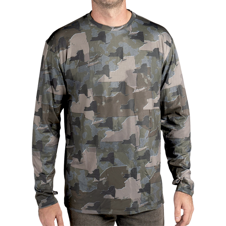 New York State Camo long sleeve shirt featuring a unique camo pattern made for New York, designed for hunters and outdoor enthusiasts.