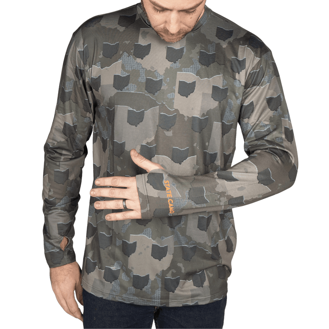 Ohio State Camo long sleeve shirt featuring a unique camo pattern made for Ohio, designed for hunters and outdoor enthusiasts