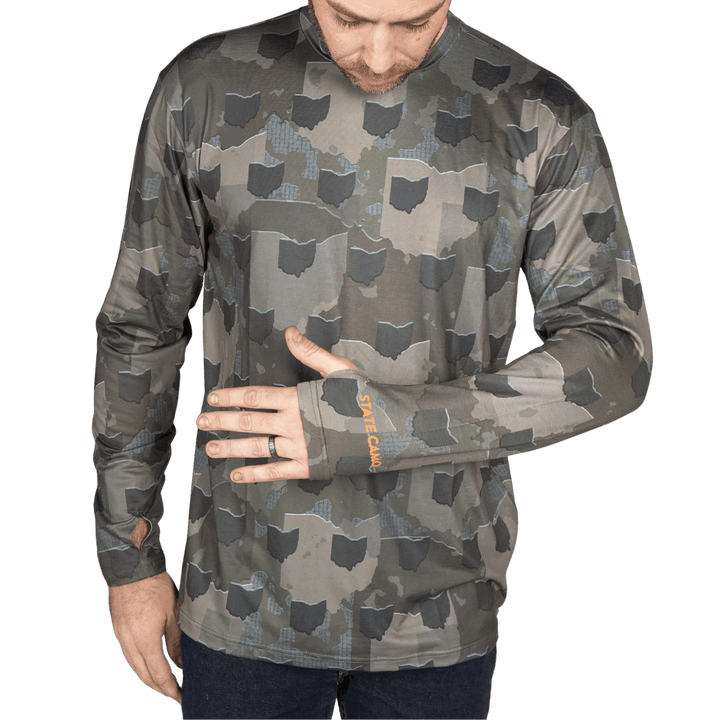 Ohio State Camo long sleeve shirt featuring a unique camo pattern made for Ohio, designed for hunters and outdoor enthusiasts