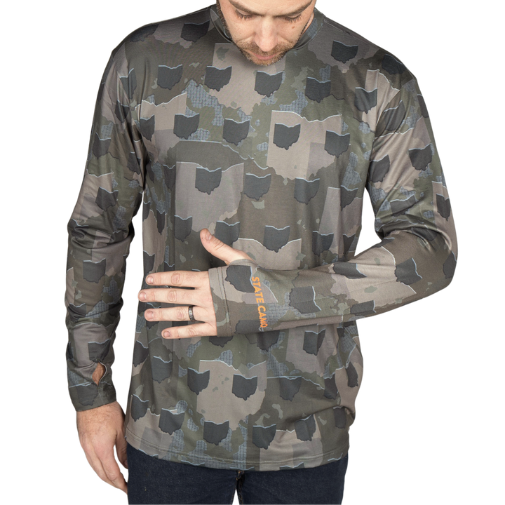 Ohio State Camo long sleeve shirt featuring a unique camo pattern made for Ohio, designed for hunters and outdoor enthusiasts