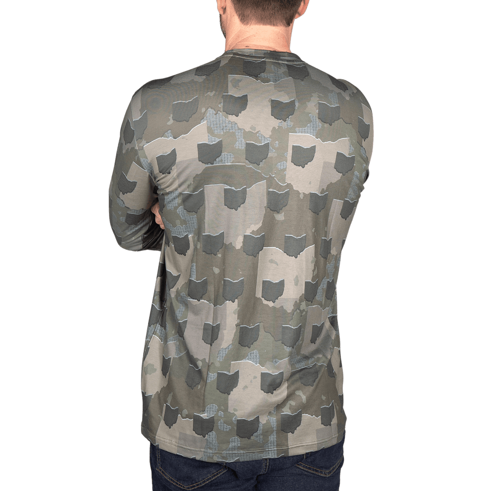 Ohio State Camo long sleeve shirt featuring a unique camo pattern made for Ohio, designed for hunters and outdoor enthusiasts