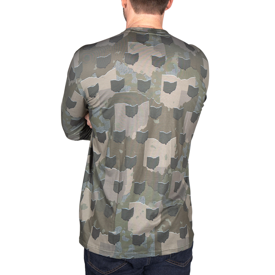 Ohio State Camo long sleeve shirt featuring a unique camo pattern made for Ohio, designed for hunters and outdoor enthusiasts