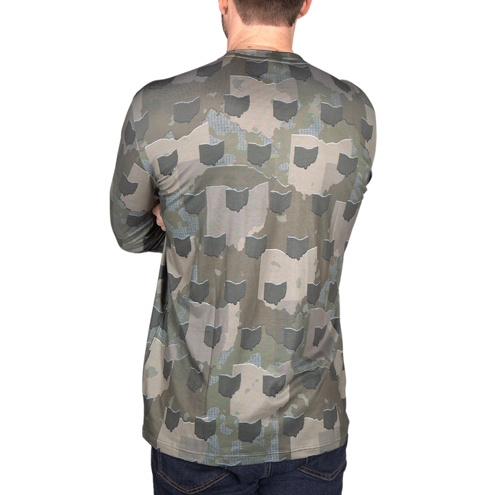 Ohio State Camo long sleeve shirt featuring a unique camo pattern made for Ohio, designed for hunters and outdoor enthusiasts