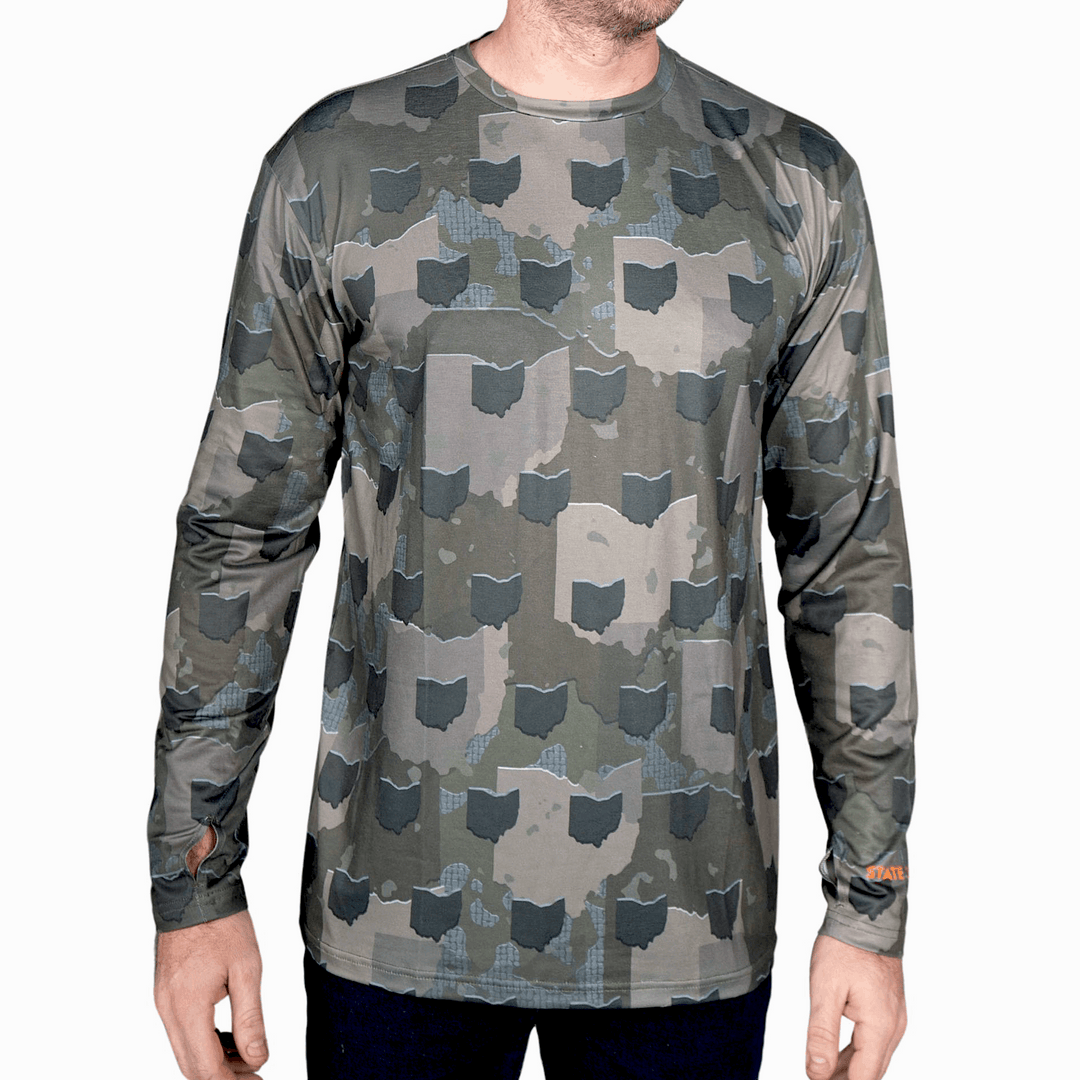 Ohio State Camo long sleeve shirt featuring a unique camo pattern made for Ohio, designed for hunters and outdoor enthusiasts.