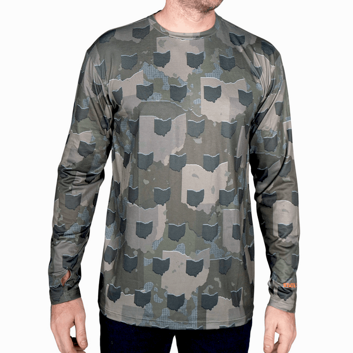 Ohio State Camo long sleeve shirt featuring a unique camo pattern made for Ohio, designed for hunters and outdoor enthusiasts.