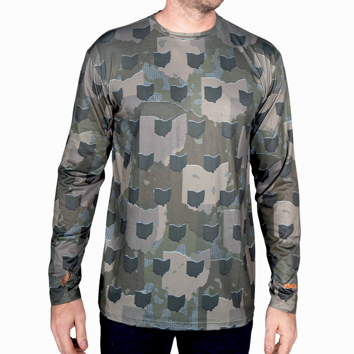 Ohio State Camo long sleeve shirt featuring a unique camo pattern made for Ohio, designed for hunters and outdoor enthusiasts.