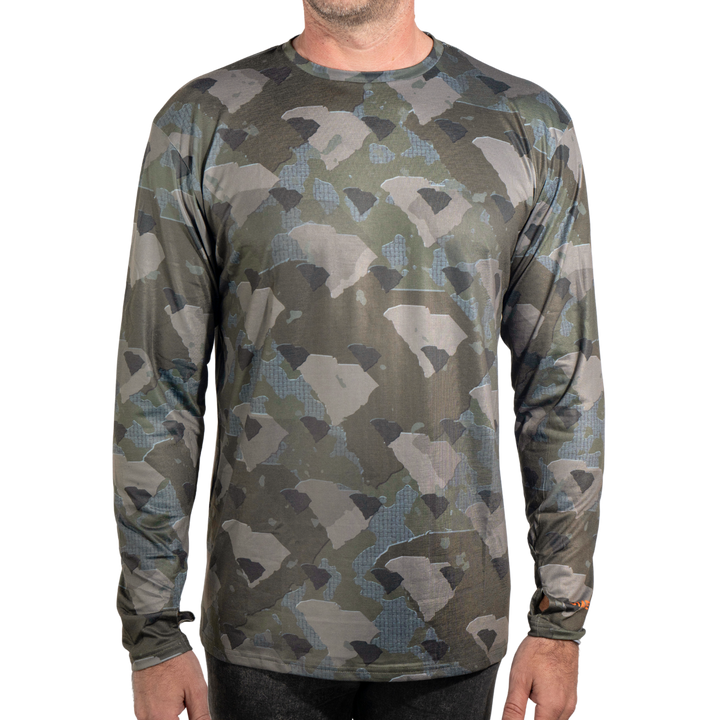 South Carolina State Camo long sleeve shirt featuring a unique camo pattern made for South Carolina, designed for hunters and outdoor enthusiasts 
