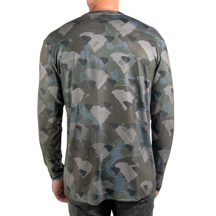 South Carolina State Camo long sleeve shirt featuring a unique camo pattern made for South Carolina, designed for hunters and outdoor enthusiasts 
