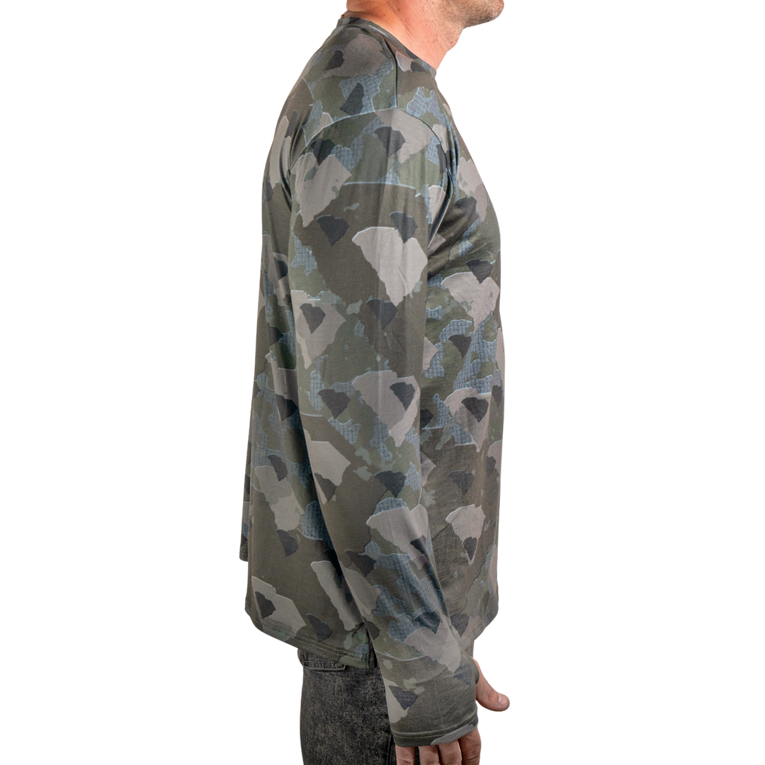 South Carolina State Camo long sleeve shirt featuring a unique camo pattern made for South Carolina, designed for hunters and outdoor enthusiasts 
