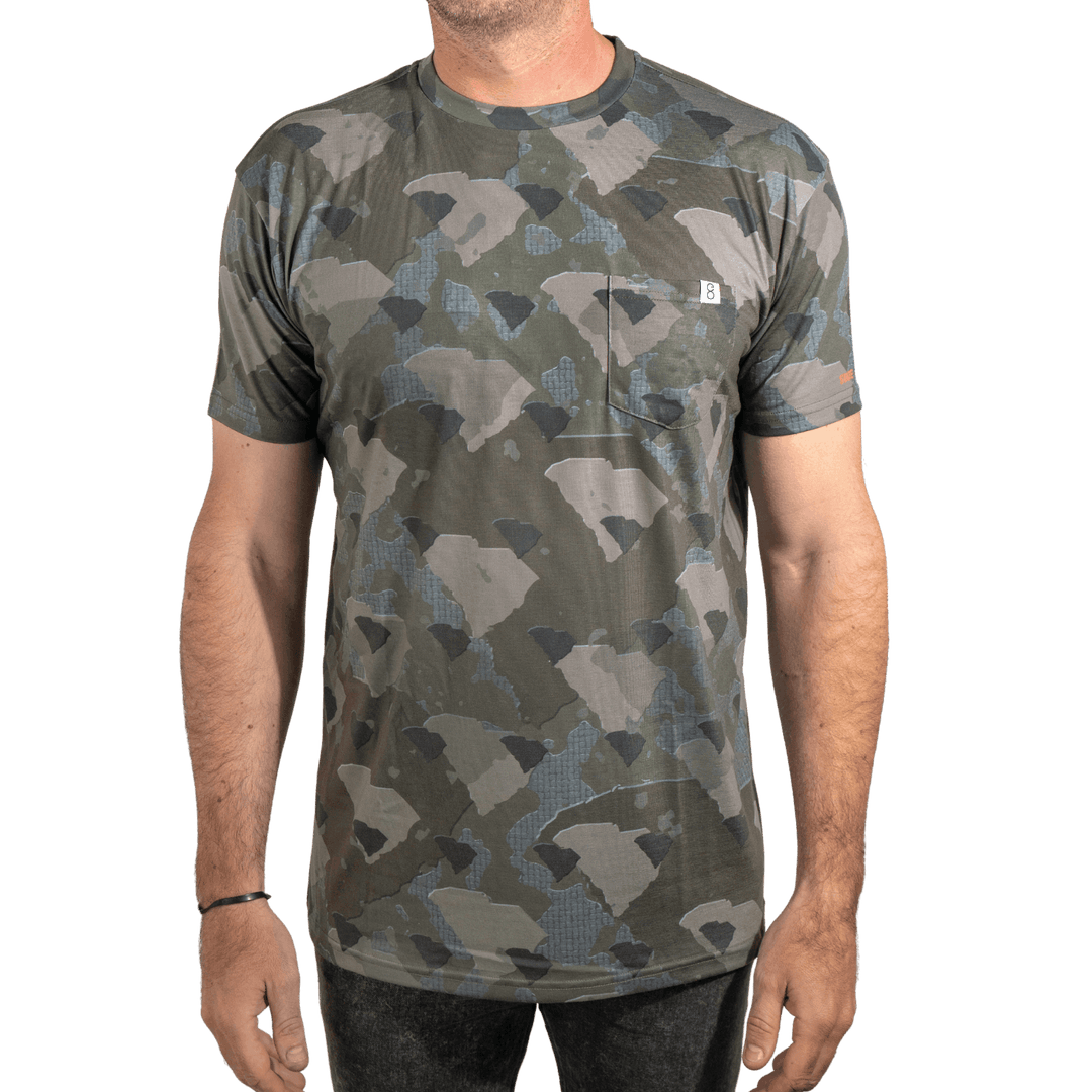 Men’s South Carolina Camo short sleeve shirt featuring a unique camouflage pattern made from the outline of the state of South Carolina Lightweight, breathable, and perfect for hunting, hiking, or everyday wear.