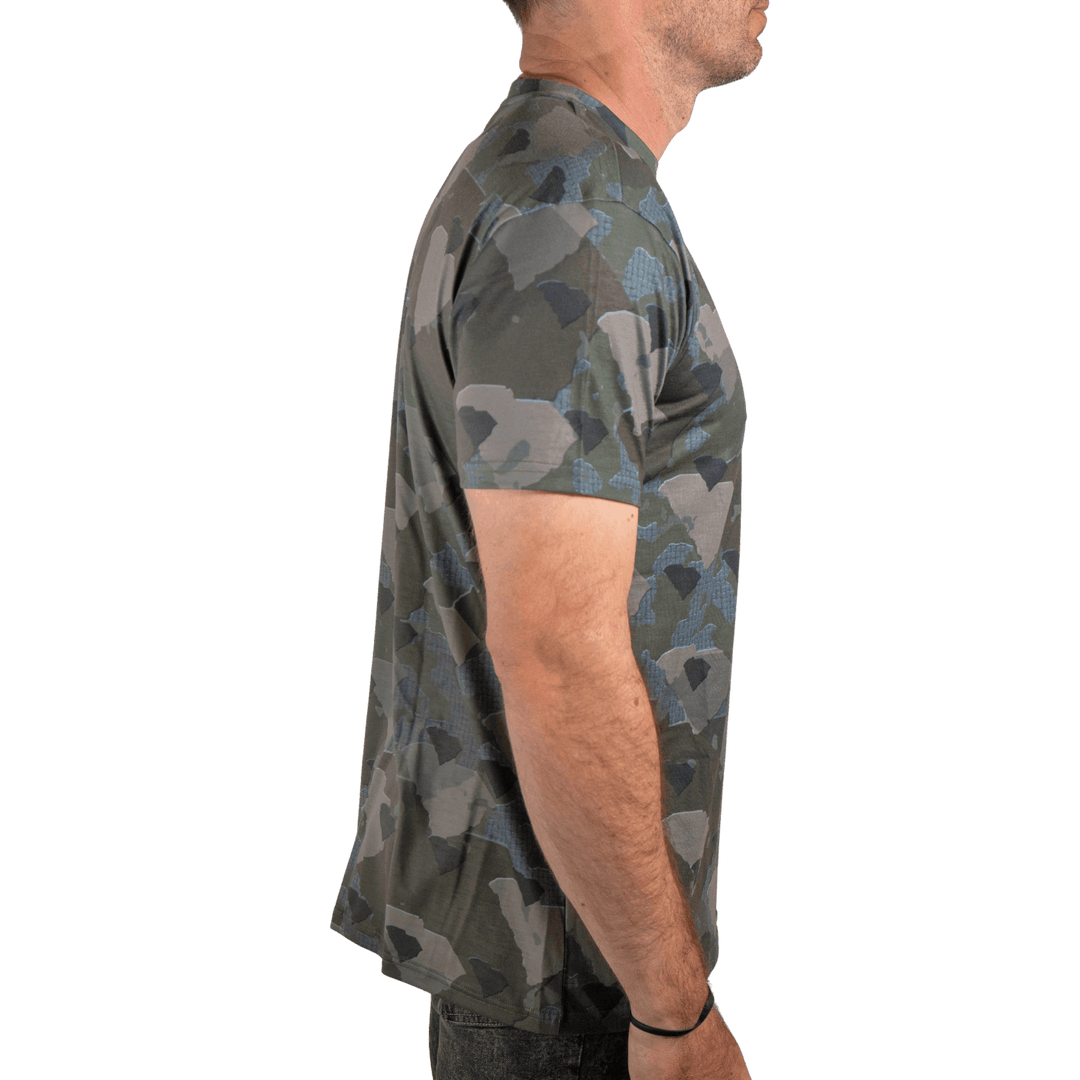 Men’s South Carolina Camo short sleeve shirt featuring a unique camouflage pattern made from the outline of the state of South Carolina Lightweight, breathable, and perfect for hunting, hiking, or everyday wear.