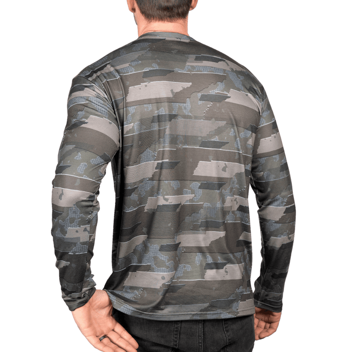 Tennessee State Camo long sleeve shirt featuring a unique camo pattern made for Tennessee , designed for hunters and outdoor enthusiasts 
