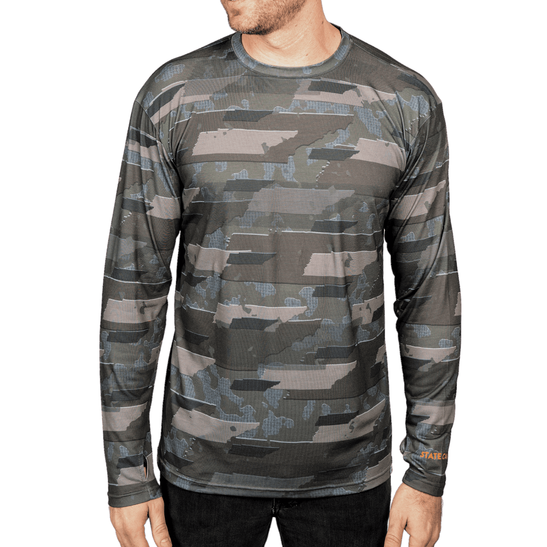 Tennessee State Camo long sleeve shirt featuring a unique camo pattern made for Tennessee , designed for hunters and outdoor enthusiasts 
