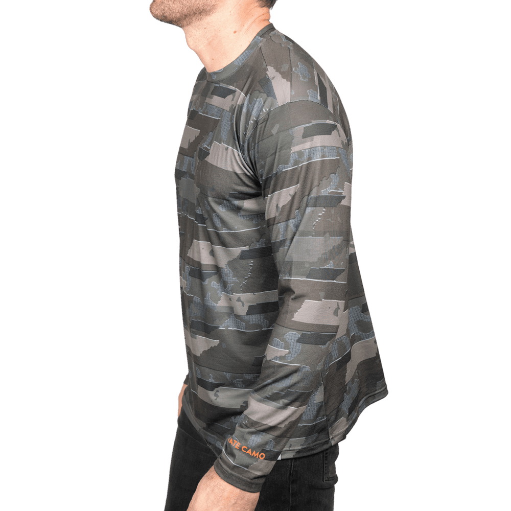 Tennessee State Camo long sleeve shirt featuring a unique camo pattern made for Tennessee , designed for hunters and outdoor enthusiasts 
