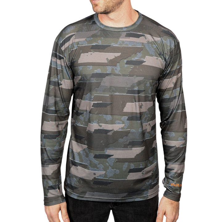 Tennessee State Camo long sleeve shirt featuring a unique camo pattern made for Tennessee , designed for hunters and outdoor enthusiasts 
