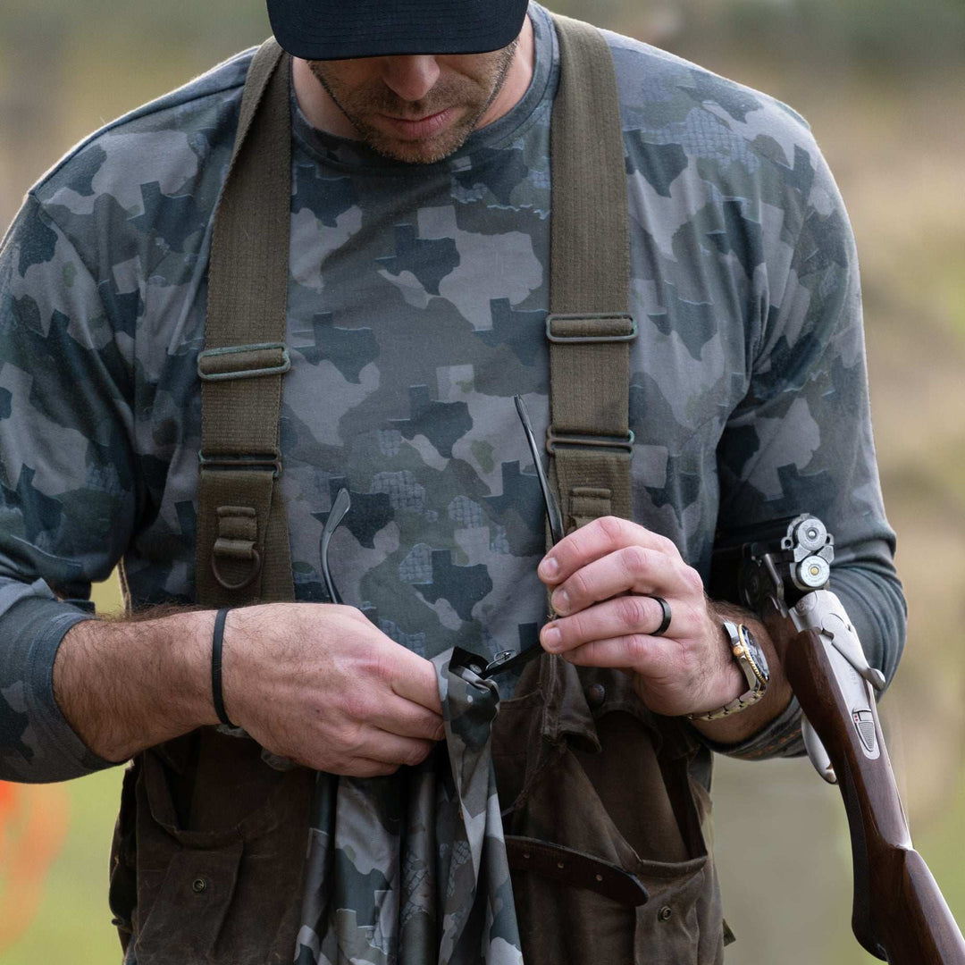 Texas State Camo long sleeve shirt featuring a unique camo pattern made for Texas,  designed for hunters and outdoor enthusiasts 
