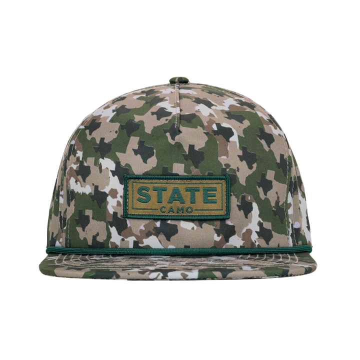 Texas Camo Woods Hat featuring authentic Texas state shaped woodland camouflage pattern, mid-profile view