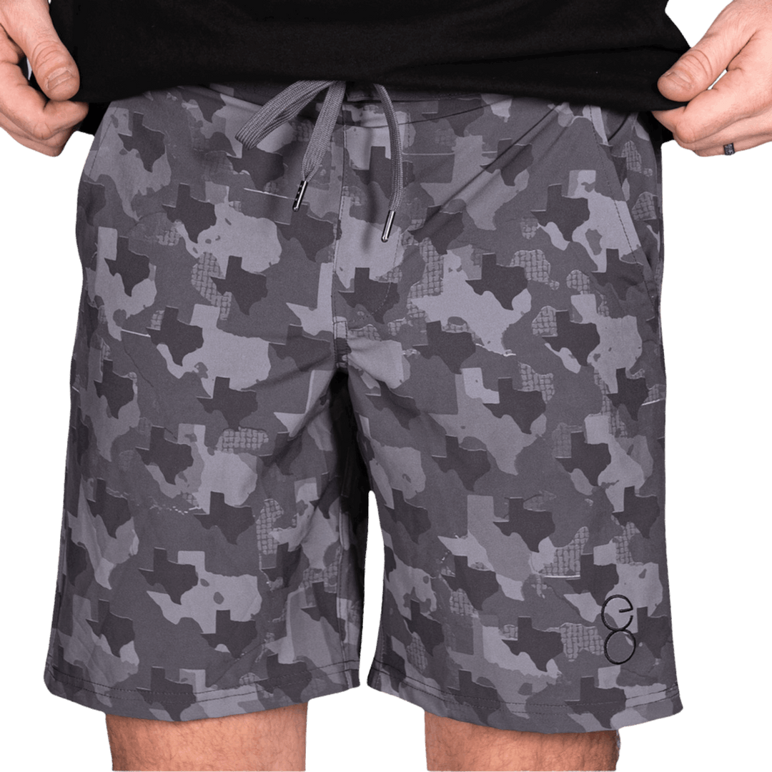 Texas State Camo Everyday Shorts featuring a one-of-a-kind camo pattern made from the outline of Texas.  Designed for versatility, these lightweight men's shorts are perfect for running, swimming, workouts, and everyday wear. A must-have for Texas hunters and outdoor enthusiasts who want to rep their state with pride.