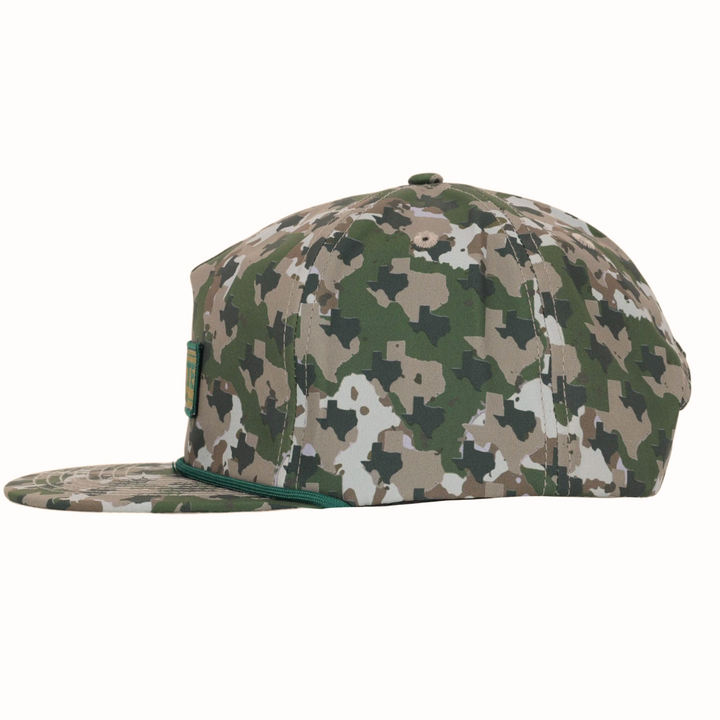 Texas Camo Woods Hat featuring authentic Texas state shaped woodland camouflage pattern, mid-profile view