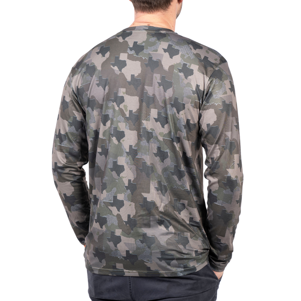 Texas State Camouflage Long Sleeve Shirt featuring unique state-specific camo pattern, moisture-wicking fabric for hunting, fishing, and outdoor activities. Made for everyday wear with authentic Texas outdoor design