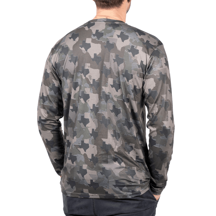 Texas State Camo long sleeve shirt featuring a unique camo pattern made for Texas,  designed for hunters and outdoor enthusiasts 
