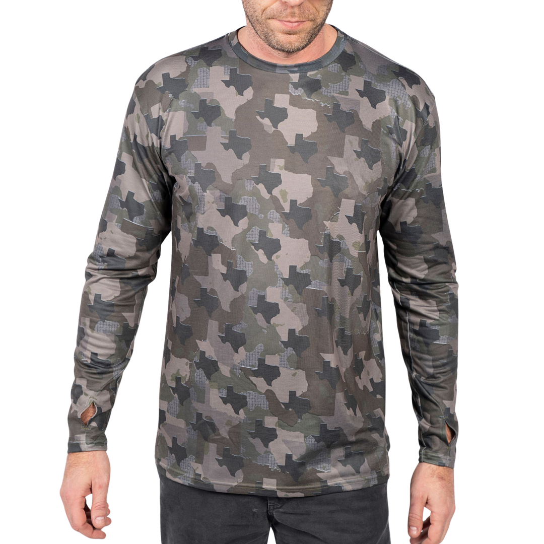 Texas State Camouflage Long Sleeve Shirt featuring unique state-specific camo pattern, moisture-wicking fabric for hunting, fishing, and outdoor activities. Made for everyday wear with authentic Texas outdoor design