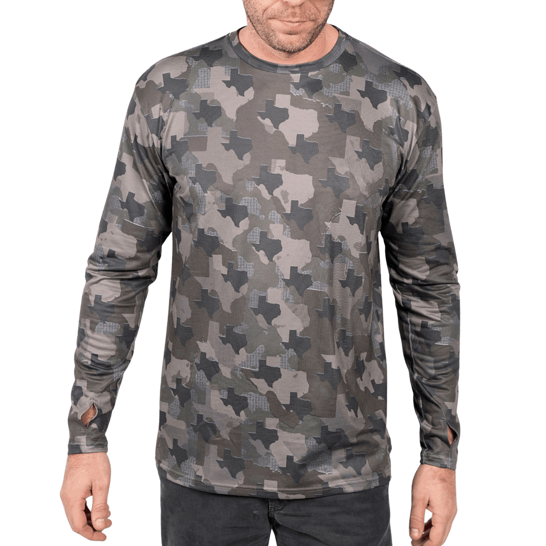 Texas State Camo long sleeve shirt featuring a unique camo pattern made for Texas,  designed for hunters and outdoor enthusiasts 
