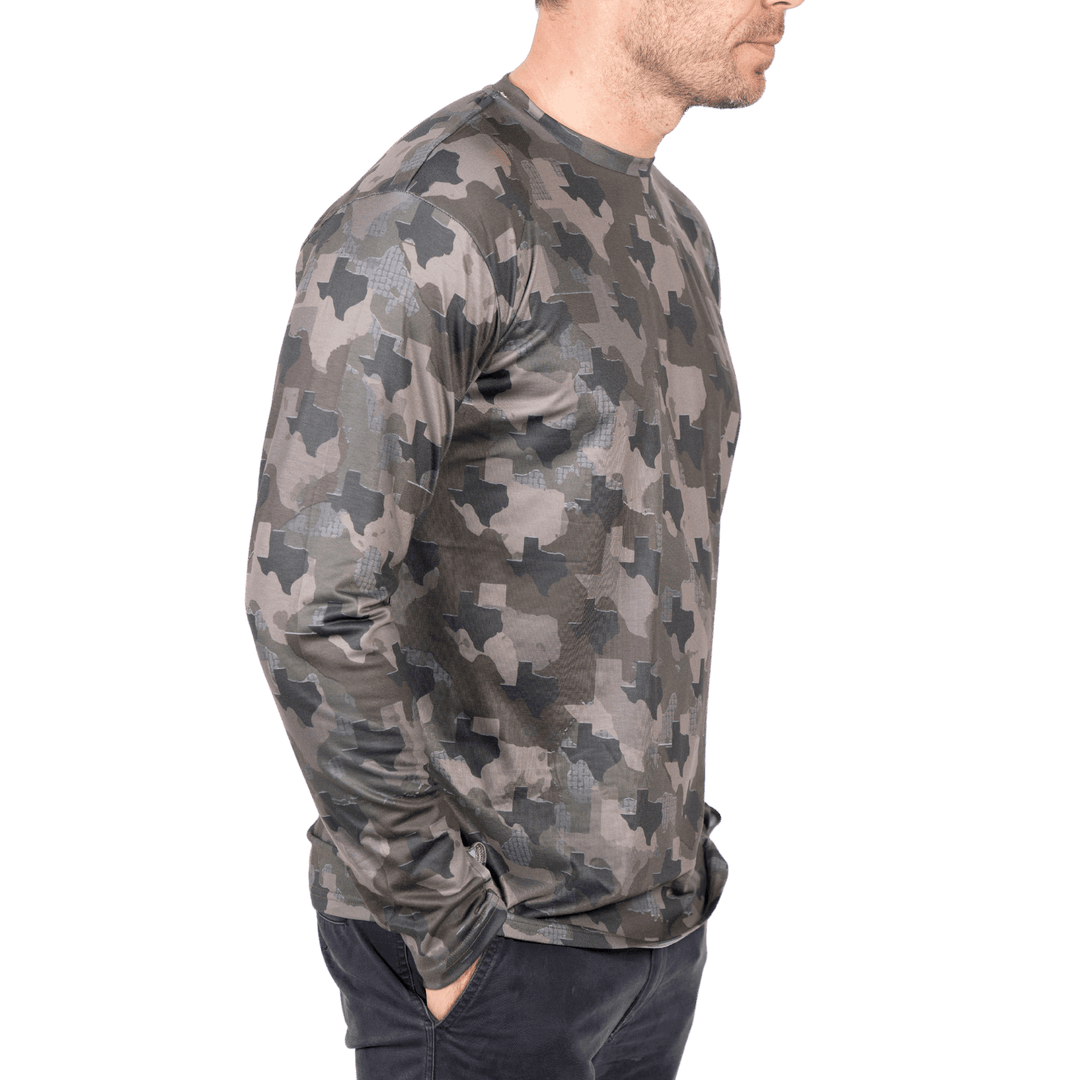 Texas State Camo long sleeve shirt featuring a unique camo pattern made for Texas,  designed for hunters and outdoor enthusiasts 
