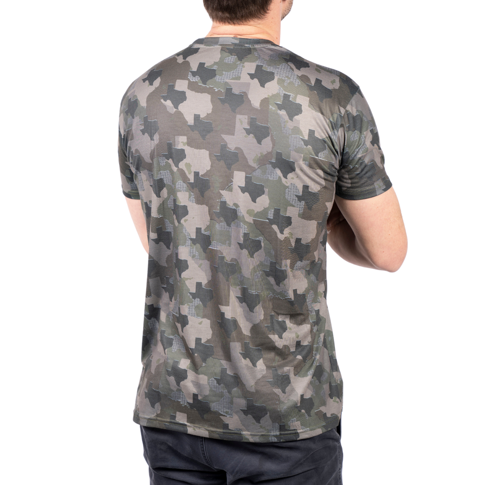 Texas State Camouflage Short Sleeve T-Shirt with exclusive state-specific camo pattern, breathable performance fabric for comfort in warm weather. Versatile outdoor shirt designed for hunting, fishing, and everyday Texas adventures. Premium quality outdoor apparel.