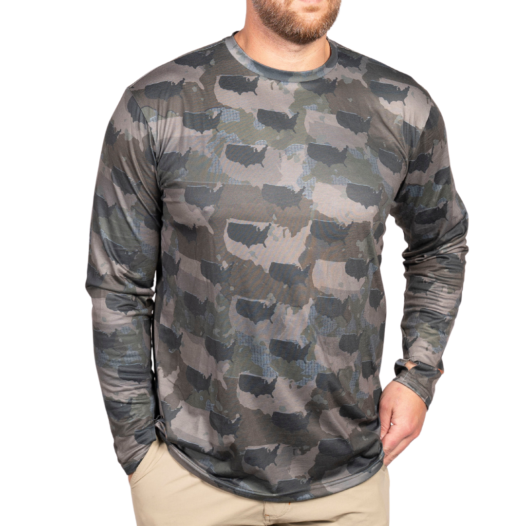 USA State Camo long sleeve shirt featuring a unique camo pattern made for USA, designed for hunters and outdoor enthusiasts
