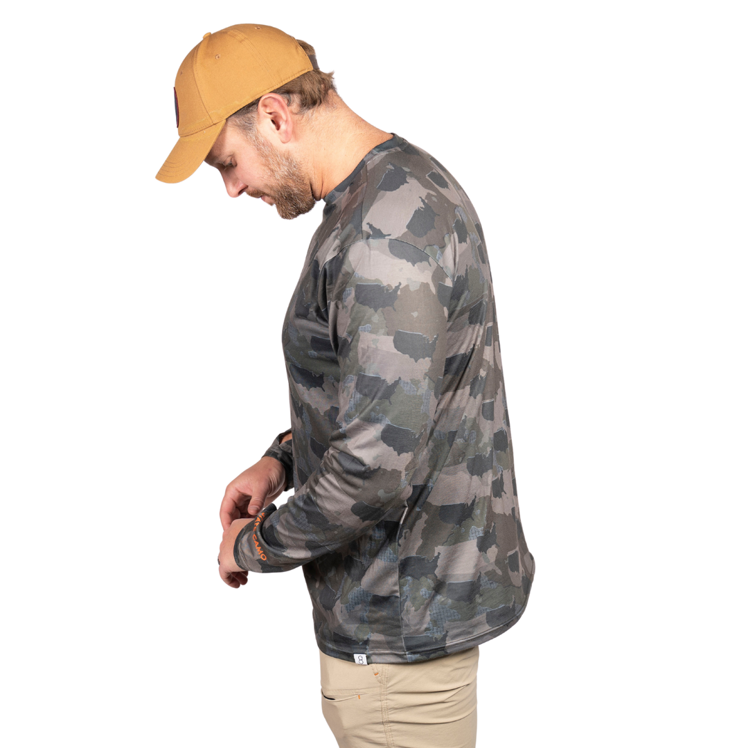 USA State Camo long sleeve shirt featuring a unique camo pattern made for USA, designed for hunters and outdoor enthusiasts
