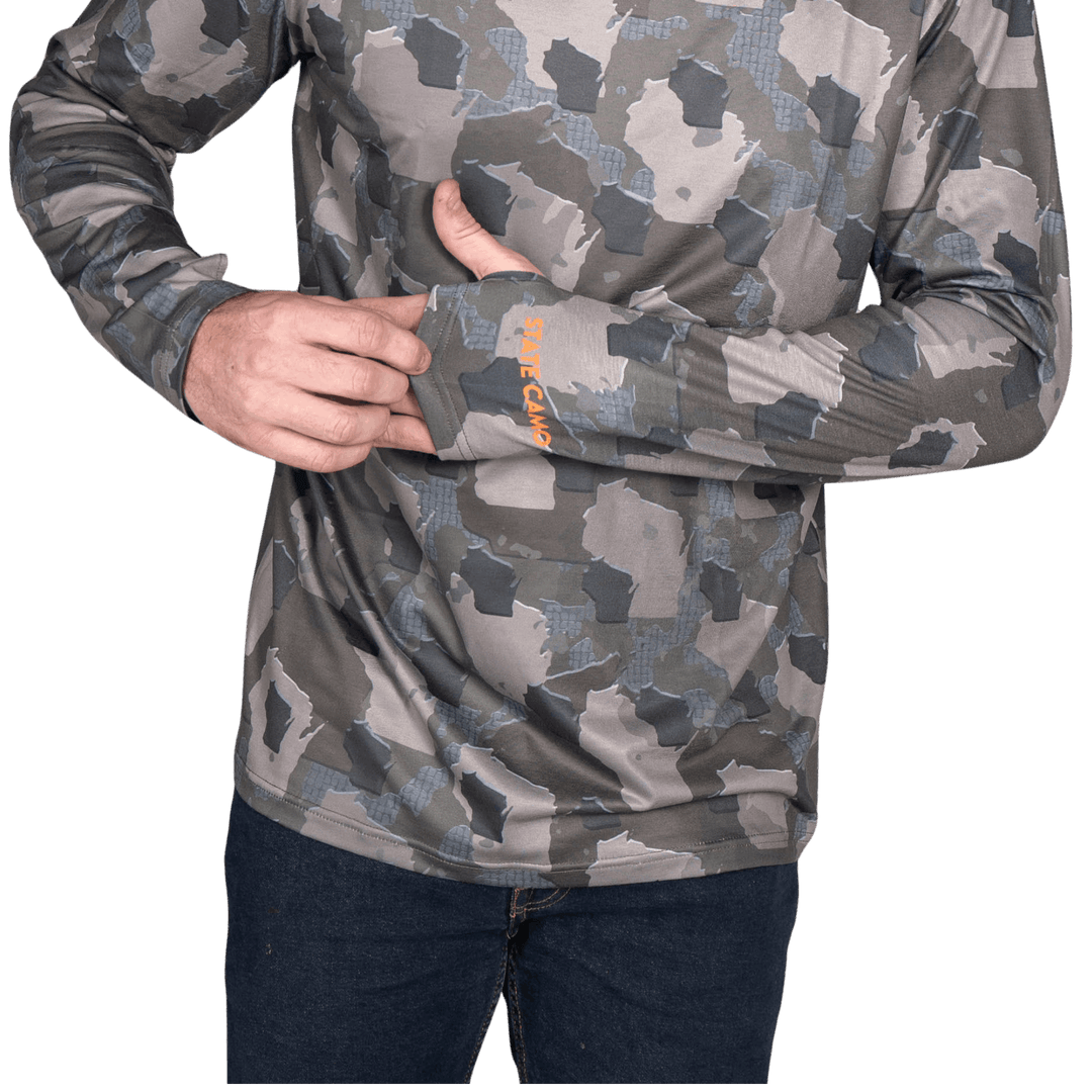 Wisconsin State Camo long sleeve shirt featuring a unique camo pattern made for Wisconsin, designed for hunters and outdoor enthusiasts.