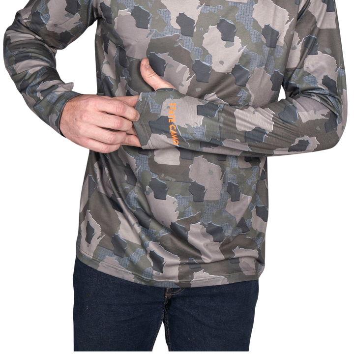 Wisconsin State Camo long sleeve shirt featuring a unique camo pattern made for Wisconsin, designed for hunters and outdoor enthusiasts.