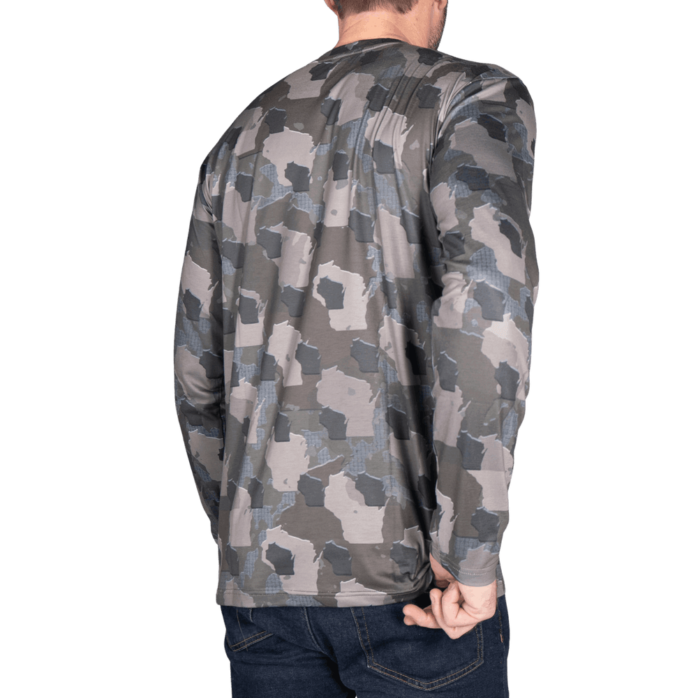 Wisconsin State Camo long sleeve shirt featuring a unique camo pattern made for Wisconsin, designed for hunters and outdoor enthusiasts.