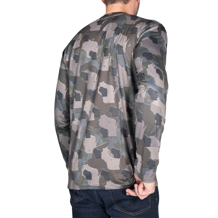 Wisconsin State Camo long sleeve shirt featuring a unique camo pattern made for Wisconsin, designed for hunters and outdoor enthusiasts.